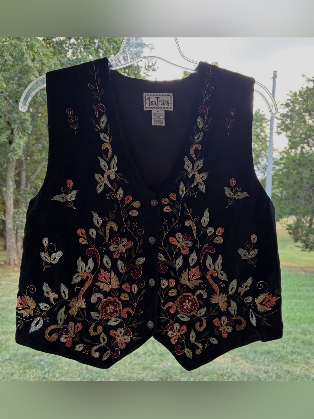 Vintage 90s Tantrums Black Velvet Floral Embroidered Button Vest Size M Boho